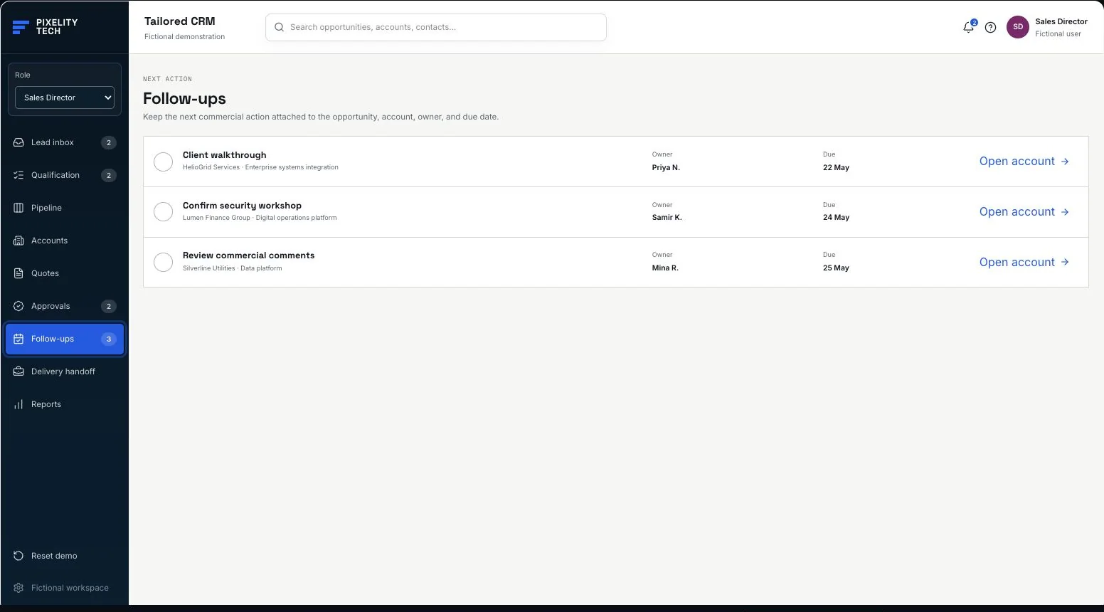 Tailored CRM fictional follow-up view with responsibilities, due dates, and linked opportunities.